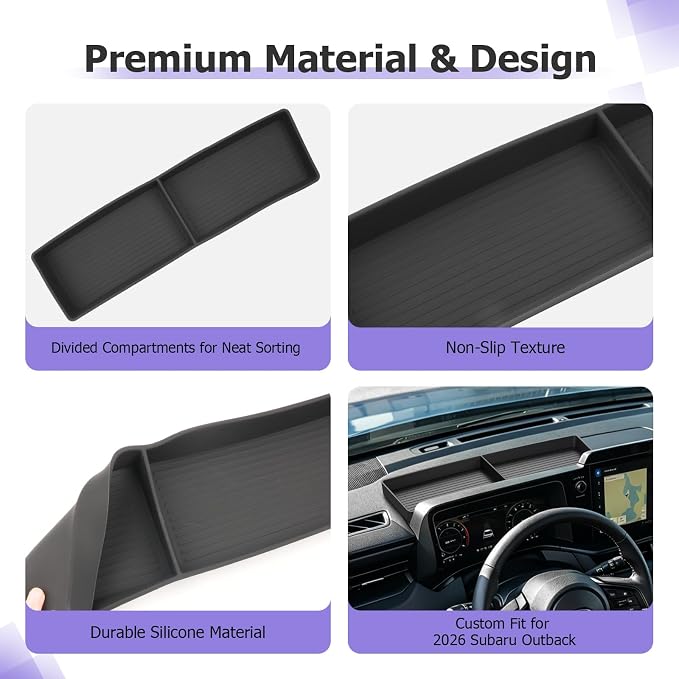 LUWU 2026 Outback Dashboard Storage Tray for 2026 Outback Accessories Behind Screen Organizer Display Box Dash Tray Armrest Console Storage Box Insert Tray Silicone Material Black Coin Container