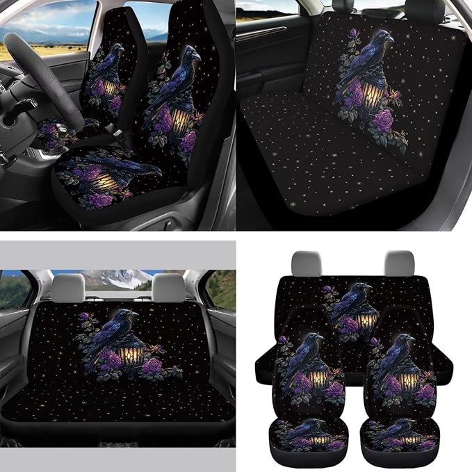 Floral Raven Car Aaccessories Full Set of 15 Pcs, Goth Car Seat Covers Set with Rear View Mirror Cover,Steering Wheel Covers,Car Trash Can with Lid for Women Man,Universal Fit