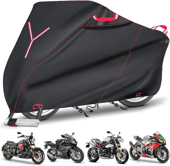 800D Heavy Duty Motorcycle Cover, Outdoor Storage Moped Covers, All-Weather Universal Waterproof Scooter Cover with 3 Reflective Handle、2 pairs Lock Holes and 3 Fixed Buckles - 87" x 37" x 40"