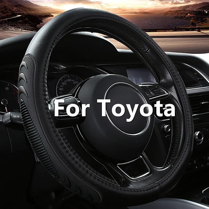 Leather Steering Wheel Cover for Toyota RAV4 Corolla Camry Highlander, 14.5-15 inches Car Steering Wheel Cover with Non-Slip Breathable (Black)