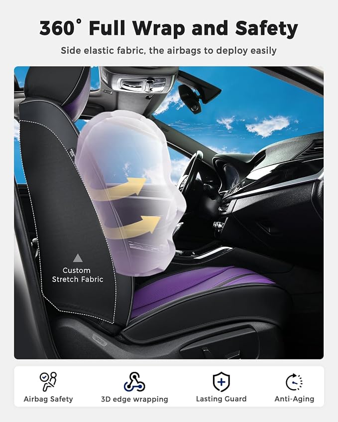 Huidasource Front Car Seat Cover, Luxury Faux Leather Leather Front Seat Covers, Compatible with Airbags, Seatbelt Buckles, Cooling＆Heating, Universal Fit for Most Cars Vans Trucks SUVs, Black＆Purple