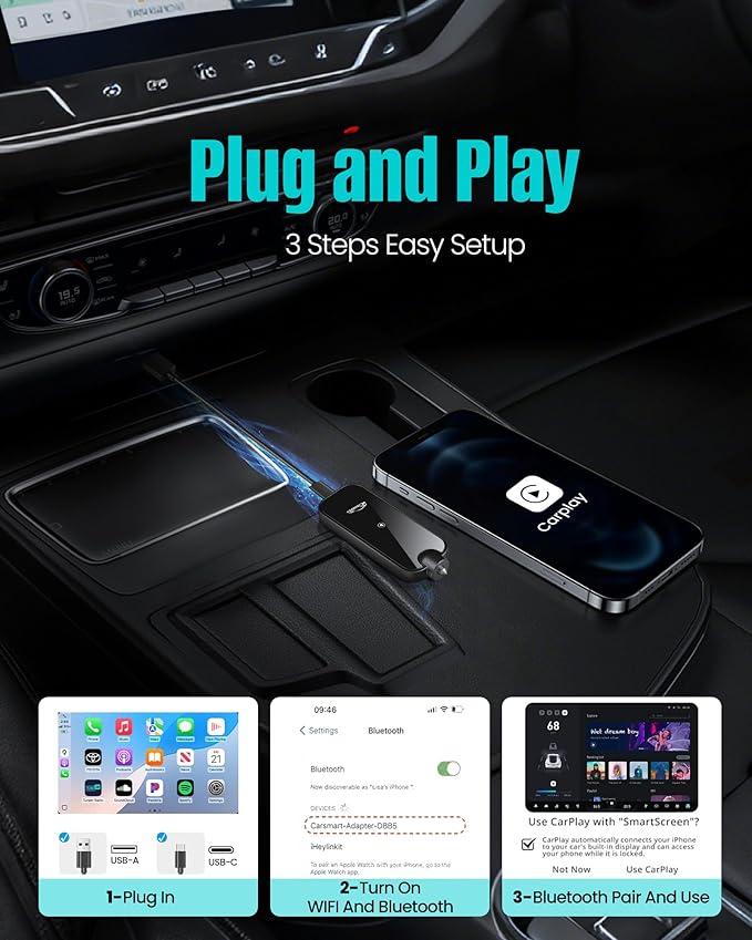 Wireless Carplay Adapter for Apple iPhone iOS 10+ & Cars from 2016+, Upgraded Model adds Emergency Escape Window Breaker Function, Auto-Connect Stable Control & No Latency (M9)