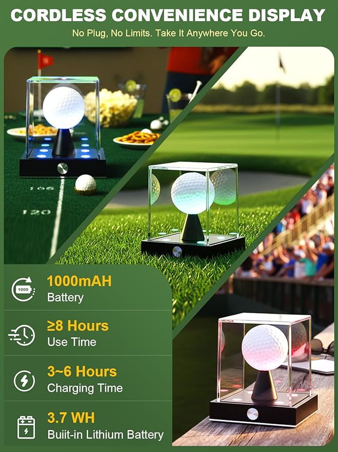 JupDec Cordless LED Golf Ball Display Case, Clear Acrylic Single Golf Ball Stand with 10 Color Light up, Autograph Cube Showcase with Memory Function, Ideal Gift for Sports Fans