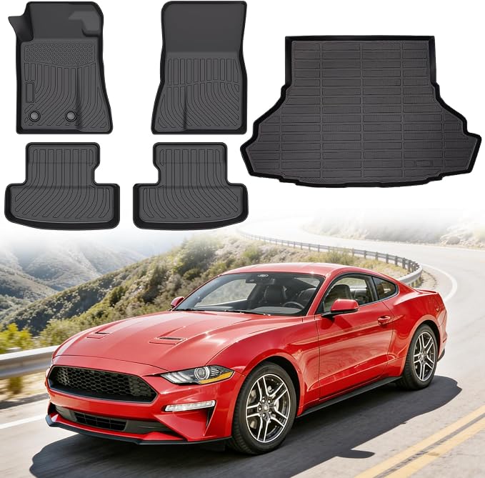 Floor Mats for Ford Mustang 2015-2025 (Not for Mach-E, Not for Cargo with Subwoofer), Heavy Duty TPE All Weather Protection, Waterproof Non-Slip Black Car Liners (Two-Row Floor Mats & Cargo Liner)