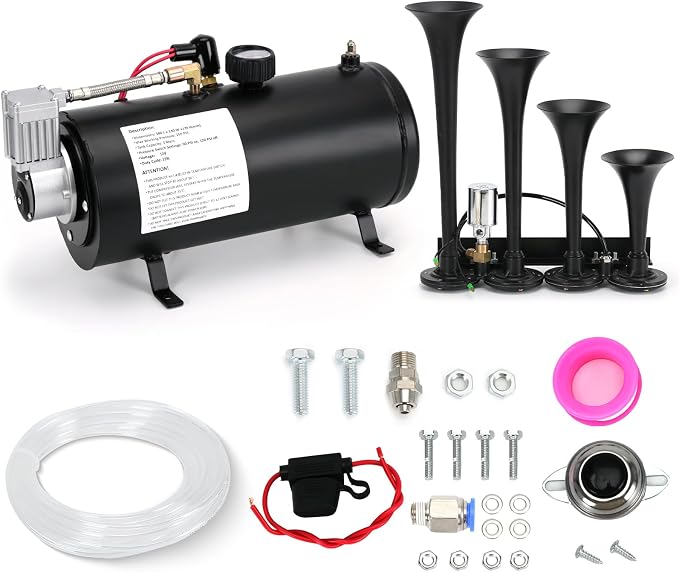 PTNHZ 150DB Train Horns Kit 12V 150PSI Air Compressor Tank Pump w/3 Liter 0.8 Gallon Tank + Super Loud Black 4 Single Row Trumpet For Train Truck Boat Pickup Motorhome
