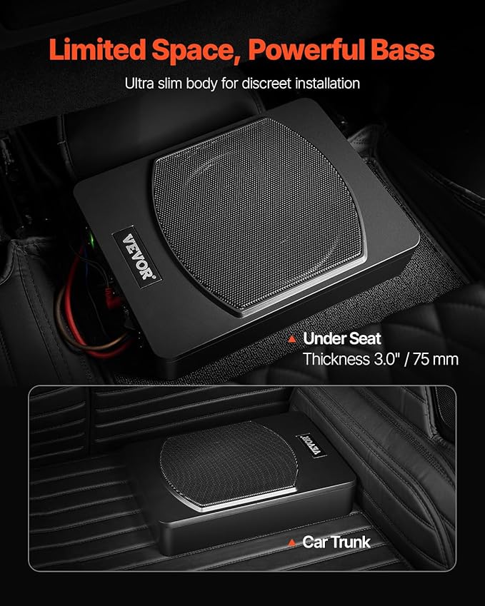 VEVOR 10" 240W Underseat Car Subwoofer, Slim Powered Car Subwoofers Under The Seat, Low Profile Audio Sub Built-in Amplifier, High/Low Level Input & Volume Controller for SUVs, Car, Truck, RV
