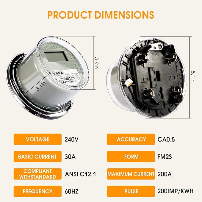 120V 2 Wire Digital Electric KWH Meter, RV Watt Hour Energy Meter, Power Consumption Monitor for RV Trailer, Camper & Home Electrical System (120, Volts (AC))