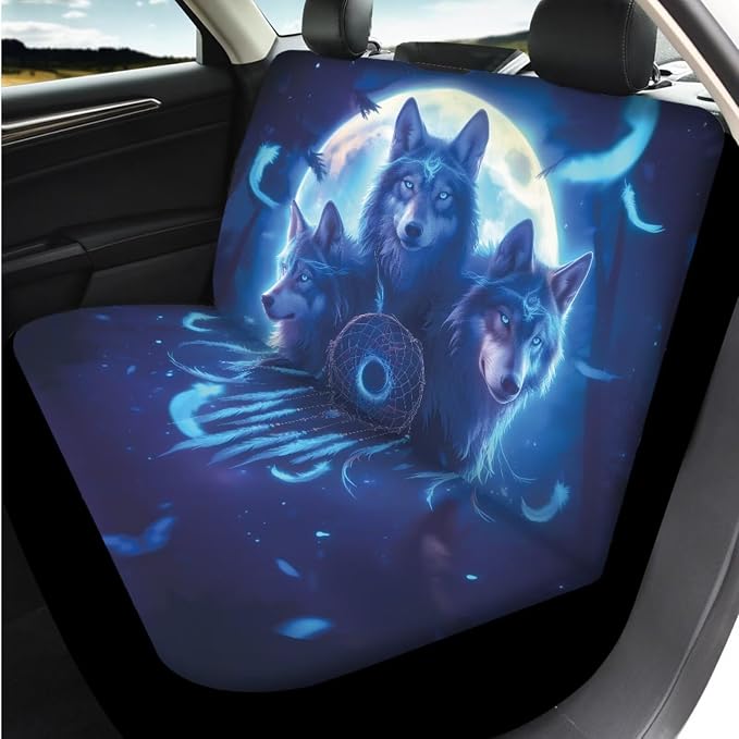 Bulopur Wolf Dreamcatcher Vehicle Seat Covers Set with 15 Inch Steering Wheel Cover Breathable Center Console Cover Seat Headrest Covers Seat Belt Pads Car Interior Accessories Set for SUV Van Sedan