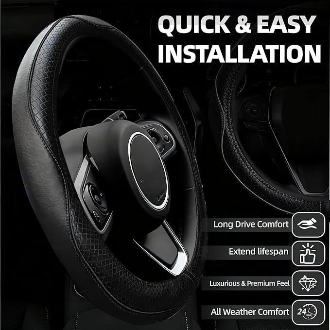 NBTEPEM 6 PCS Car Steering Wheel Cover Set, Microfiber Leather Steering Wheel Covers Universal 14.5-15 inch, Center Console Cover, Seat Belt Cushion, Cup Holder Coaster, Car Accessories Set Black