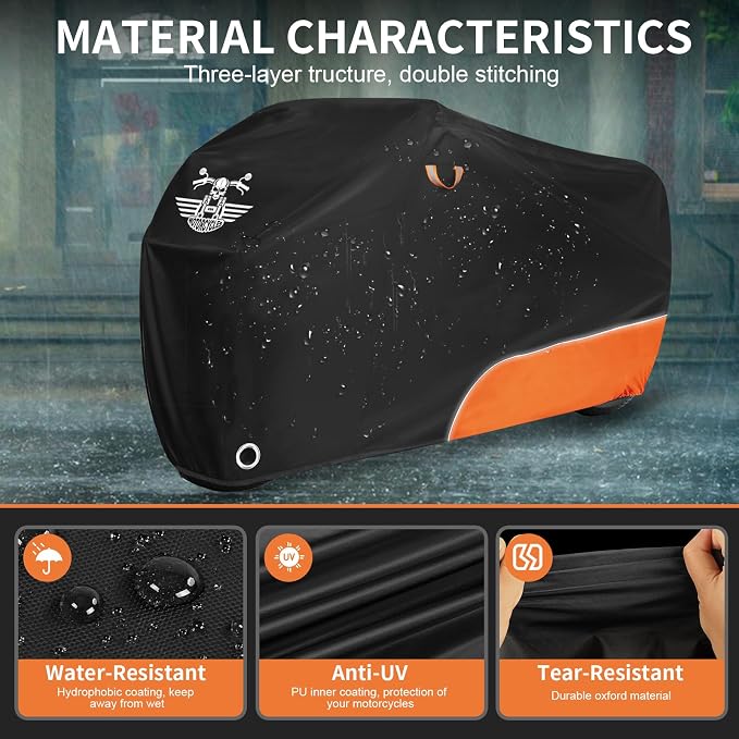 Motorcycle Cover Waterproof Outdoor Storage with Lock-Holes, Zipper Storage Bag & Night Reflective Design, All Season Protection Powersports Vehicle Covers Fits up to 104" Motorcycles