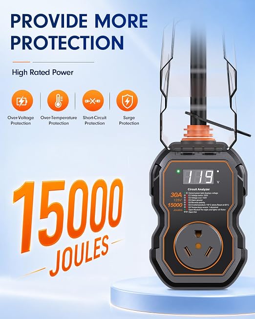 GEARGO 𝑵𝑬𝑾-𝑽𝒆𝒓 RV Surge Protector 30 Amp, 15000J Circuit Analyzer with LED Display, IP68 Waterproof Cover, High-Energy Protection, Temperature Control, RV Adapter Plug for Camper, Travel Trailer