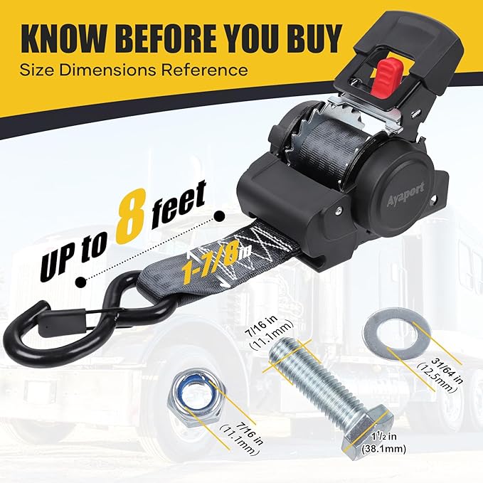 Ayaport Retractable Transom Tie Down Straps 2in X 8ft Boat Tie Down Straps to Trailer- 3300lbs Break Strength, Heavy Duty Bolt-on Ratchet Straps for Cargo, Boat, Motorcycles, ATV, 2pk