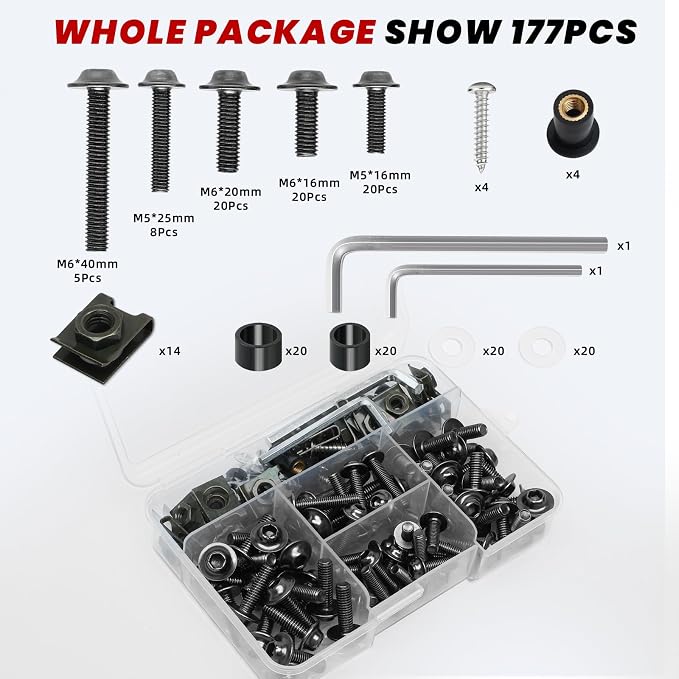 Titanium Motorcycle Fairing Bolt Kit 177Pcs, M5 M6 Stainless Steel Windscreen Screws Fastener Clips Universal Fit for Sportbike Kawasaki Suzuki Honda Yamaha BMW Ducati GSXR Motorcycle