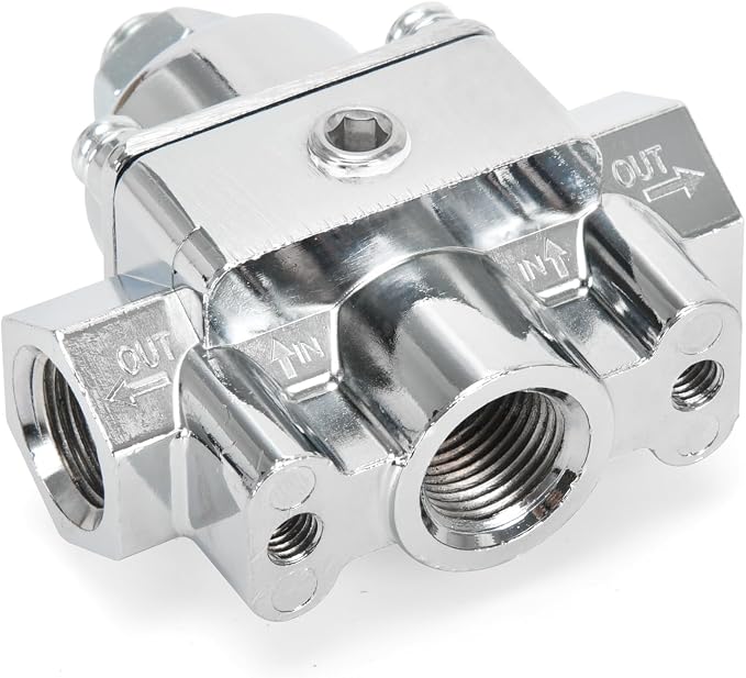 12-803 Adjustable Fuel Pressure Regulator with Gauge, Compatible with Holley and Edelbrock Carburetors, 4.5-9 PSI, 3/8" NPT, 1-in 2-Out
