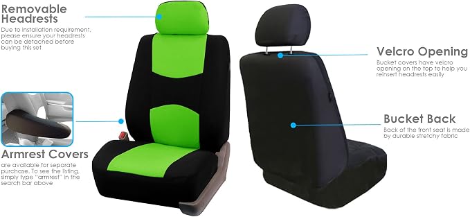 FH Group Car Seat Covers Flat Cloth Front Seats Only Green Automotive Seat Cover, Airbag Compatible Universal Fit Interior Accessories Cars Trucks SUV Combo Steering Wheel Cover & Seat Belt Pads