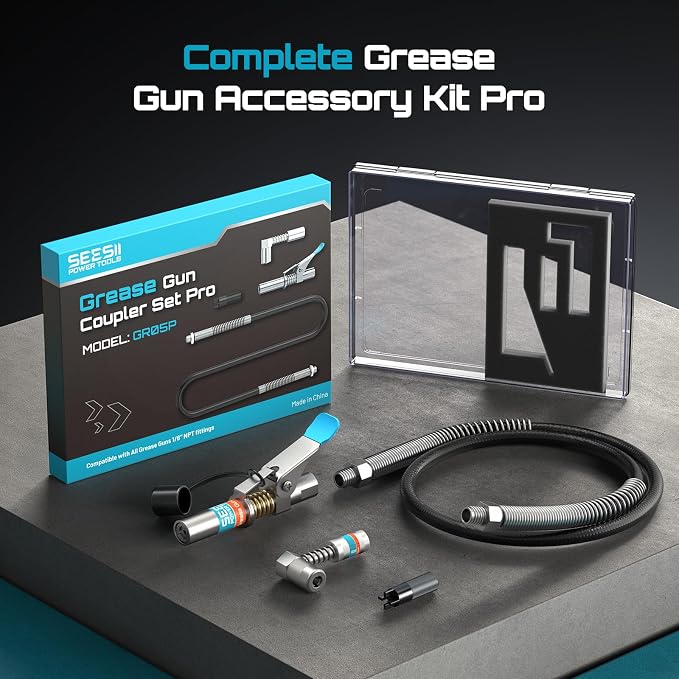 Seesii Grease Gun Accessory Kit Pro, 12000 PSI Quick-Release Coupler, 90 Degree Coupler Adapter, 39.4” Dual-Spring Long Flex Hose, Zerk Fitting Cleaning Tool, Compatible with All Grease Guns, GR05P