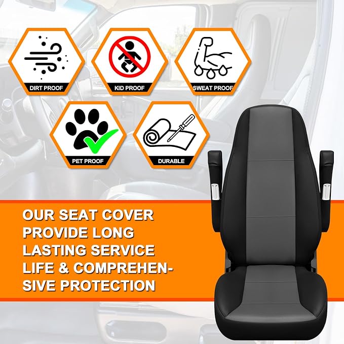 Leather Seat Cover Compatible with Peterbilt Model 579, 579EV, 589, 567, Bottom Back & Armrest Cover, Long Armrests 17in, Driver or Passenger 33in High Back Seat Cover