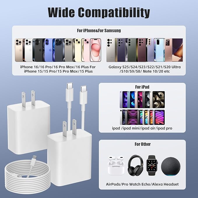 iPhone 15 16 17 Pro Max Charger Fast Charging,3 Pack 45W Dual Port USB C Charger Block with 3/6/10FT Long Type C Charging Cable for iPhone 17/17 Air/17 Pro Max/17 Pro/16/15 Pro Max/Pro/Plus/iPad Pro