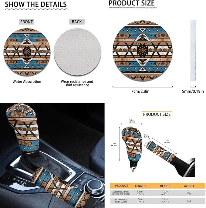 Dreaweet Aztec Seat Covers for Cars Full Set Southwestern Indian Tribal Geometric Car Steering Wheel Cover/Center Console Cover/Seatbelt Covers/Car Coasters/Gear Shift Cover/Handbrake Cover,Universal