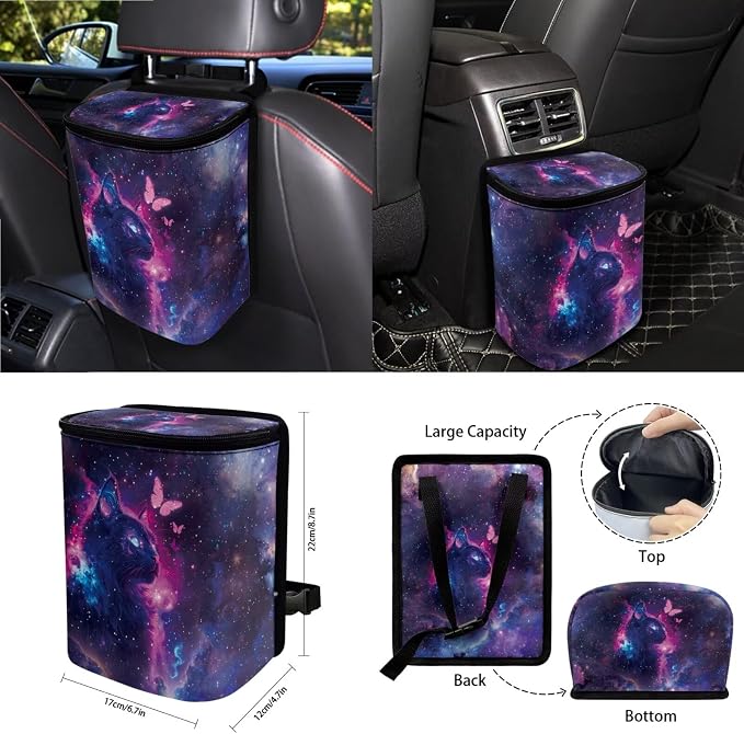 Starry Cat Print Car Seat Covers Full Set with Accessories for Women, Decorative Auto Accessories Include Steering Wheel Cover Safety Belt Pads Rearview Mirror Cover Cup Mats