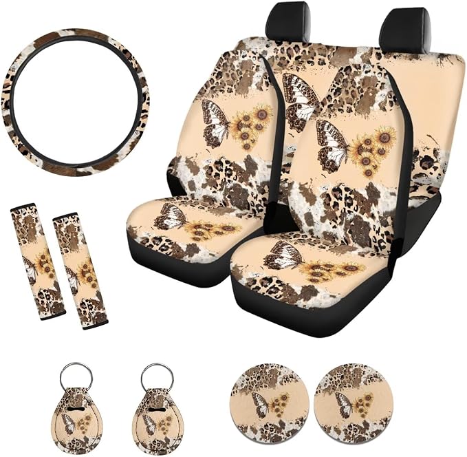 Suobstales Butterfly Sunflower Cow Leopard Print Car Accessories Car Seat Covers Full Set with Steering Wheel Cover + Seat Belt Covers Shoulder Pads + Coasters + Keychains Interior Cover Set of 11