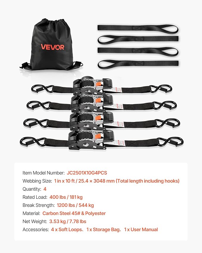 VEVOR Retractable Ratchet Straps, 1 in x 10 ft, Tie Down Straps with S Hooks, 1200 lbs Break Strength, 4 Soft Loops, Tie Down Ratcheting for Moving, Trailers, Motorcycles, Kayaks, Car Roof, 4 Pack