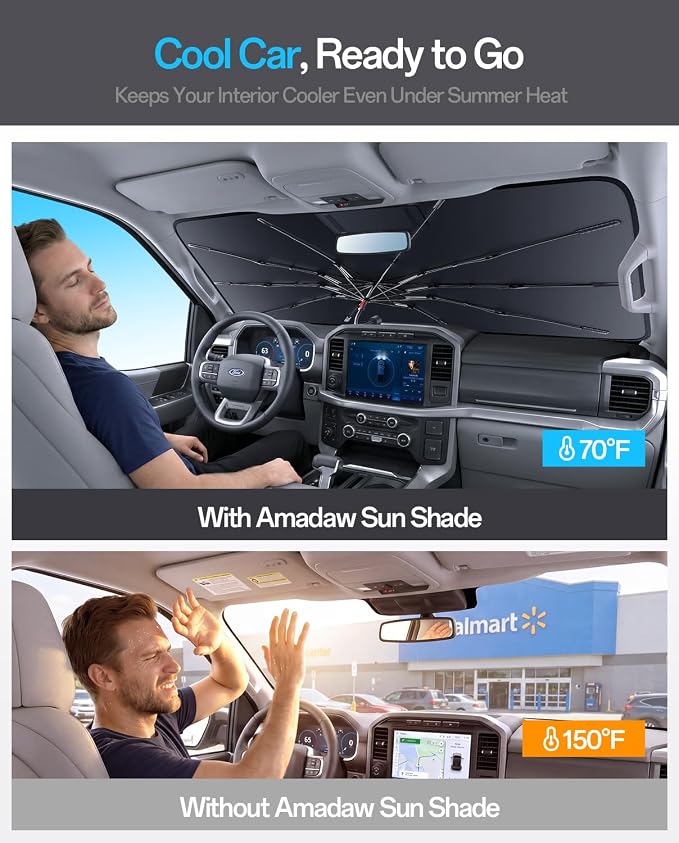 Truck Windshield Sun Shade for Ford F150 2015–2026, Foldable Umbrella Sunshade with 100% UV Block, Multi-Layer Heat Insulation, Reinforced 10-Rib Frame, Keeps Car Cooler, Summer Car Accessory