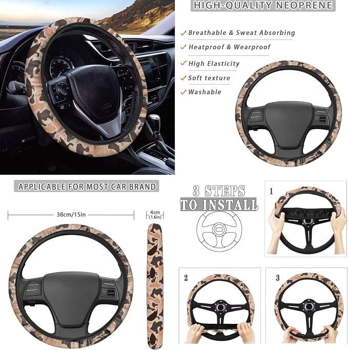 KEIAHUAN Camo Hunting Car Seat Cover Set of 11 Pieces and Handbrake and Gear Shift Knob Cover,Steering Wheel Cover,Cup Coasters Auto Interior Accessories for SUV,Sedan,Truck,Van