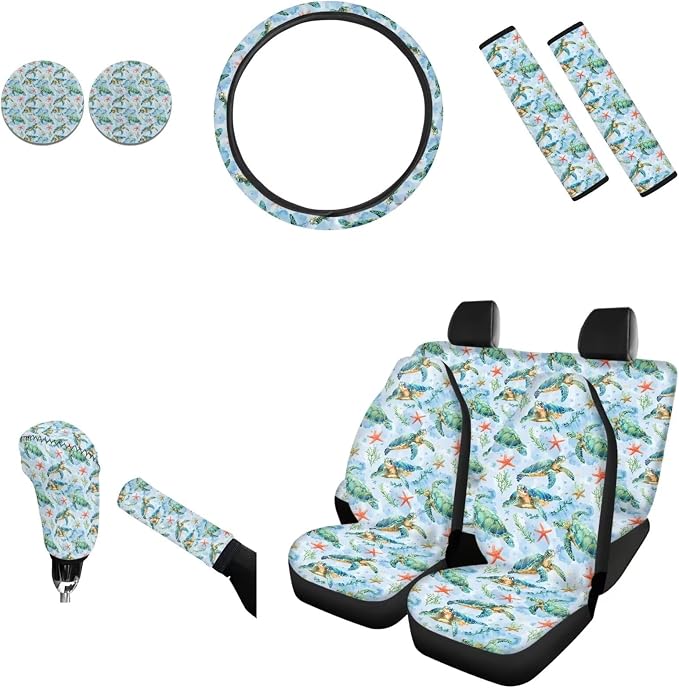 AFPANQZ Cratoon Sea Turtle Auto Interior Accessories Set of 11 Auto Front Seat Covers Steering Wheel Cover Gear Shift Knob Cover, Car Handbrake Sleeve, Seat Belt Shoulder Pads Cup Holder Coaster