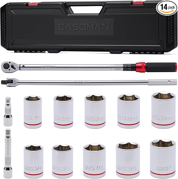 CASOMAN 14 PCS 1/2 Inch Click Torque Wrench Set,22.2-244.2 FT.-LB/30-330 Nm, ±3% Accuracy, 72-Tooth Dual Scale Torque Wrench Kit, with Breaker Bar & Extensions & Sockets, for Automotive Tire Repair