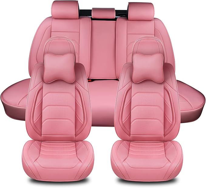 TIEHESYT Pink Car Seat Covers Full Set, Breathable Leather Automotive Front and Rear Seat Covers & Headrest for Comfortable Driving, Universal Auto Interior Fit for Most Kinds of Vehicles