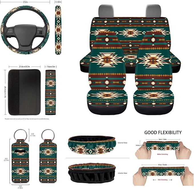 Green Southwest Tribal Geometry Seat Covers for Car 14 Pcs,Aztec Car Steering Wheel Cover+Cup Holder Pad+Keychain+Gear Shift Knob Handbreak Cover+Auto Interior Mirror Covers Universal Fit