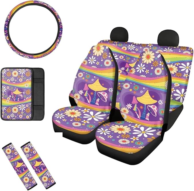 Mumeson Cute Hippie Flower Mushroom Car Seat Covers Set with Steering Wheel Cover + Safety Seat Belt Pads + Armrest Cushion Pad for Car 8 Pack Car Accessories Decor for Womens Universal