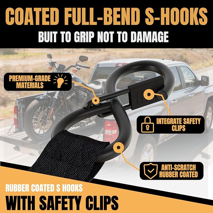 Retractable Ratchet Straps Heavy Duty Tie Down 1''*12ft Breaking Strength 1760LBS Cargo Securing System,for Motorcycle,UTV,ATV,Trailer(Black,4 Pack)