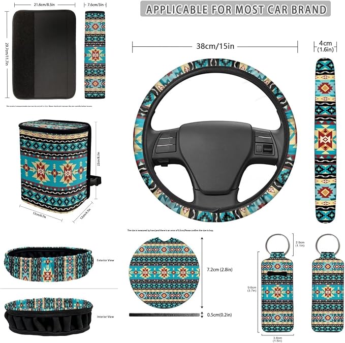 12 Pack Car Seat Covers Full Set Southwestern Aztec Tribal Steering Wheel Cover Seat Belt Pads Car Trash Can Coasters Rear View Mirror Cover Keychain Holder Keychains Accessories