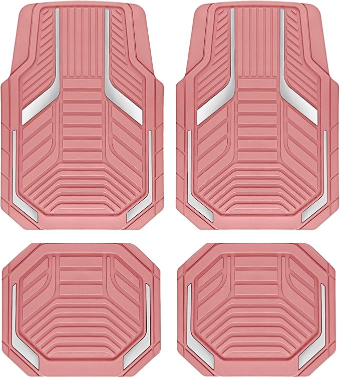 PIC AUTO Heavy Duty Pink Rubber Floor Mats, Silver Aluminum Film Car Mats Set, Front and Rear Car Mats with Anti-Slip Backing, All Weather Protection, Trim-to-Fit for Automotive SUV, Sedan, Van