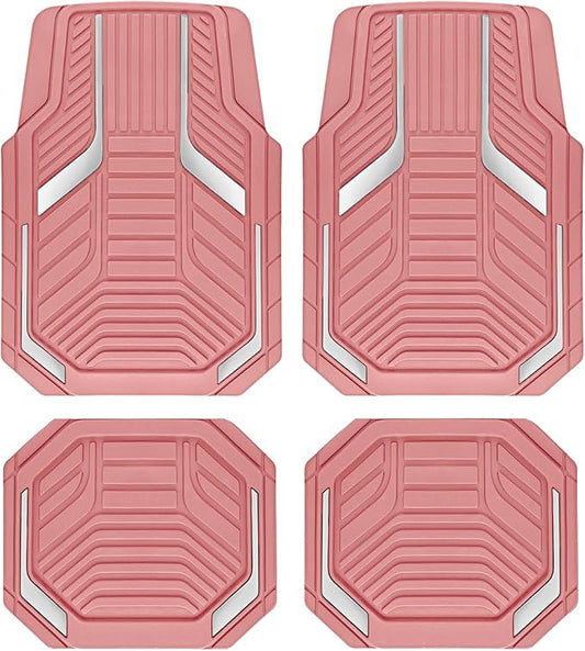 PIC AUTO Heavy Duty Pink Rubber Floor Mats, Silver Aluminum Film Car Mats Set, Front and Rear Car Mats with Anti-Slip Backing, All Weather Protection, Trim-to-Fit for Automotive SUV, Sedan, Van