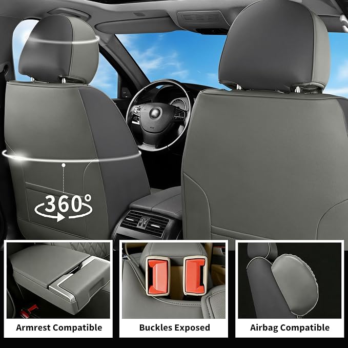 Fit Explorer Car Seat Covers for Ford Explorer 2007-2025 2026 - Luxury Leather, Anti-Slip, All-Weather Seat Cushions, Waterproof & Breathable, Airbag Compatible, Full 5-Seat Set (Gray)