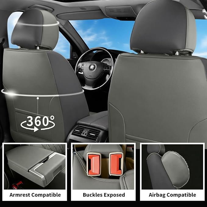 Fit Expedition Car Seat Covers for Ford Expedition 2011-2025 2026(Only 5-Seat Version) - Luxury Leather, All-Weather Seat Cushions, Waterproof, Airbag Compatible, 2 Front Seats Only (Gray)