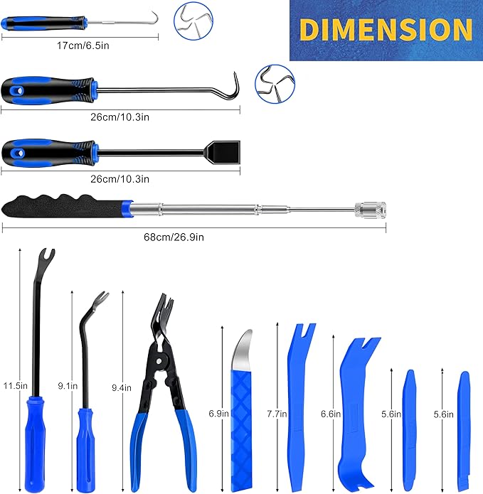 DWH 18 Pcs Precision Pick and Hooks Set, Trim Removal Tool Kit with Scraper Telescoping Magnetic Pickup Tool Panel Clip Plier Fastener Remover, Metal Plastic Trim Tools, Automotive Mechanic Bag, Blue