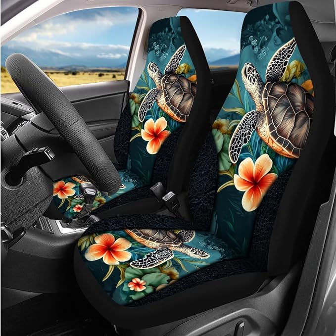 BIGCARJOB Floral Turtle Car Seat Cover Set 12 Pcs Universal Steering Wheel Covers,Armrest Pads,Auto Seat Protector Full Set,Fit Most Vehicle,Cars,Sedan