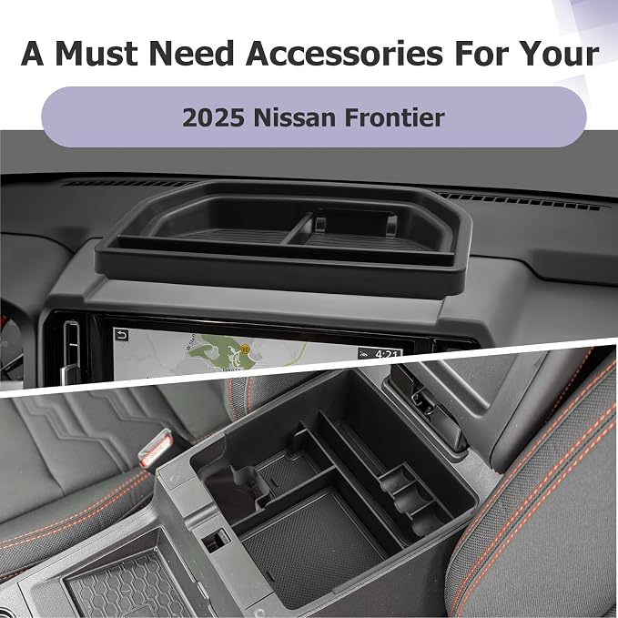 LUWU 2026 Frontier Accessories for 2025 2026 Frontier S/SV/Pro-X/Pro-4X/SL Accessories Dashboard Storage Tray, Center Console Organizer Armrest Storage Box Black 2-Pack (ONLY for 12.3-INCH Screen)