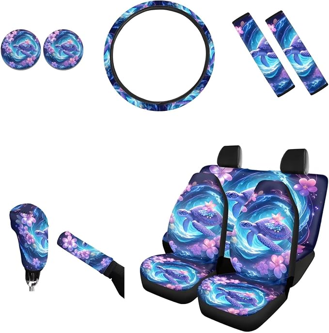 AFPANQZ Turtle Galaxy Flower Car Front Seat & Rear Bench Covers + Steering Wheel Cover 15" + Gear Shift Knob Cover + Car Handbrake Cover + Seat Belt Shoulder Pads + Car Coaster Set of 11