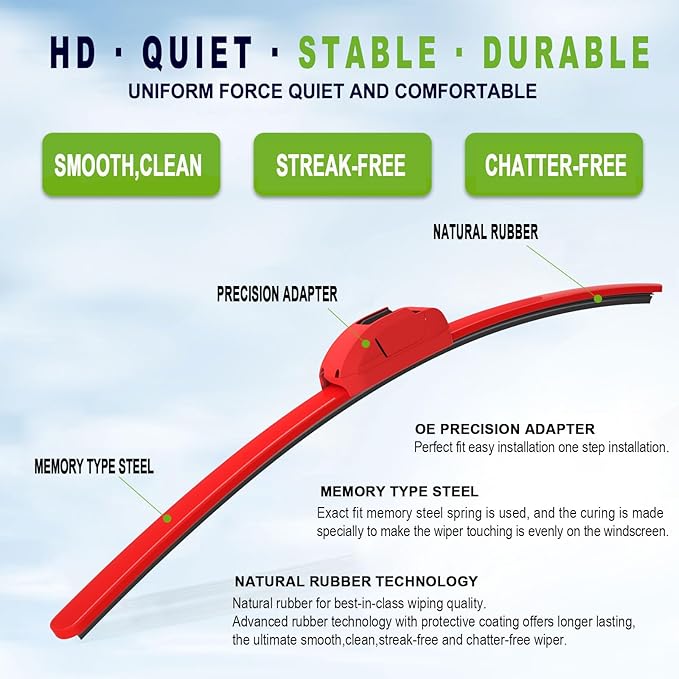 OEM QUALITY 22" + 22" PARRATI Premium All-Season Bright Red Windshield Wiper Blades (Set of 2)