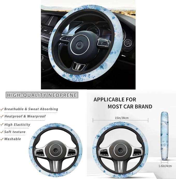 14 Pcs Floral Car Seat Covers Full Set Car Trash Can Coaster Seat Center Console Keychain Gear Lever and Handbrake Steering Wheel Seat Belt Covers/Ocean Mist