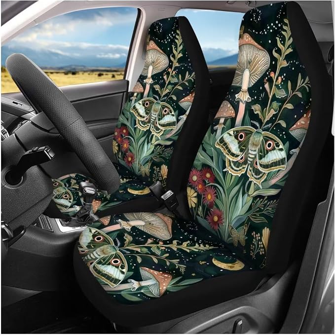 Ystardream Retro Moth Mushroom Car Seat Covers Full Set for Women Girly Car Seat Covers with Matching Steering Wheel Cover Machine Wash Automatic Interior Set Green