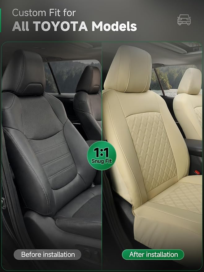 GIANT PANDA 2PCS Front Car Seat Cover for Toyota Rav4 Camry Highlander Corolla Prius Corolla Cross Venza Avalon, Faux Leather Bucket Seat Covers (Beige)