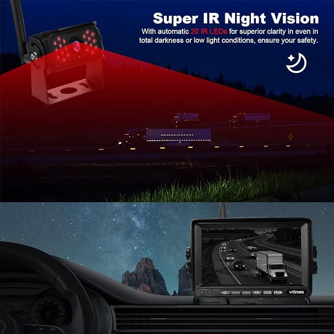 VTimes Wireless Backup Camera 2 Cameras, RV Backup Camera System with 7" Monitor for Truck, 4 Channels Split Screen, BSD Alert, 984ft Signal Range, IP69K Waterproof IR Night Vision, DIY Guide Lines