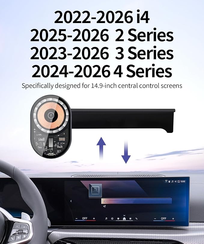 Wireless Charging Car Phone Holder for BMW 3 Series 2023-2026 / 4 Series 2024-2026 / 2 Series 2025-2026 / i4 2022-2026, 14.9" Screen Fixed Clip, 360° Rotation Car Phone Mount Compatible with MagSafe