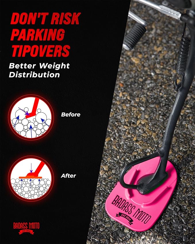Badass Moto Motorcycle Kickstand Pad, Kick Stand Puck, Coaster Plate for Harley Davidson Touring, Sport Bike, Motorcycle Accessories for Women, Grass, Dirt, Hot Pavement Parking Pad, Made in USA, Pink
